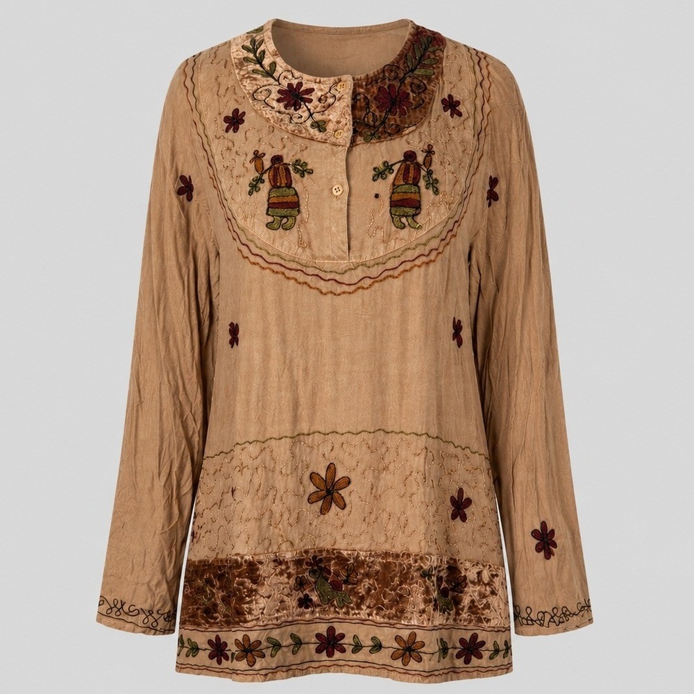 Vintage‎ Crystals Rayon Boho Tunic Medium Embroidered Floral Velvet Y2K Top